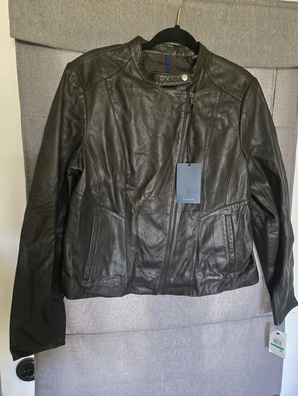 Cole Haan Women Leather Jacket Genuine lamb Leather Skin Moto Large Dark Brown
